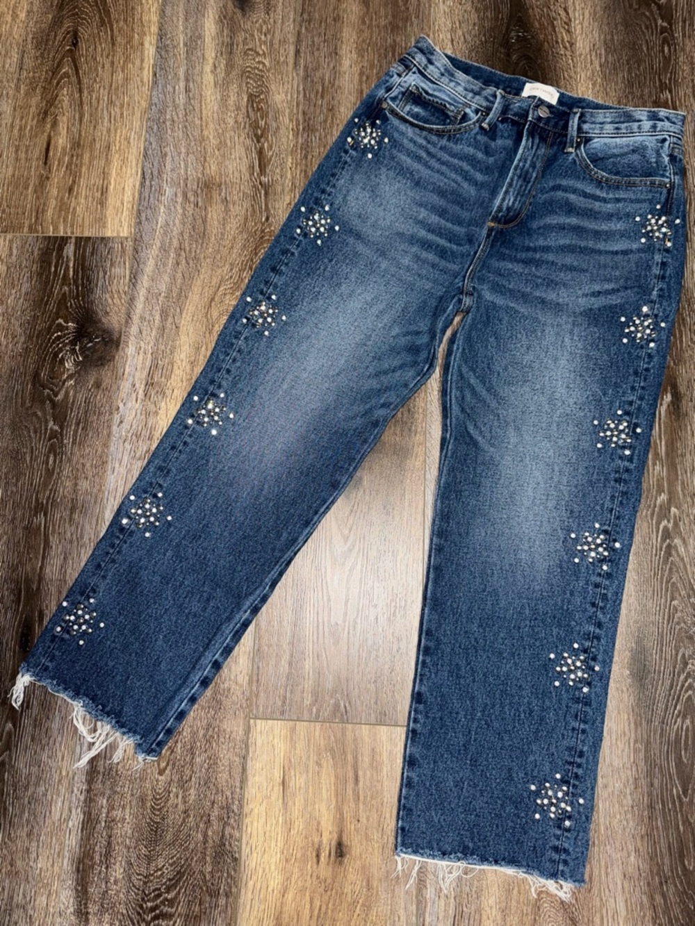 DRIFTWOOD Royce x Eastwood Rhinestone Stud Cropped Frayed Hem Straight Jeans 28